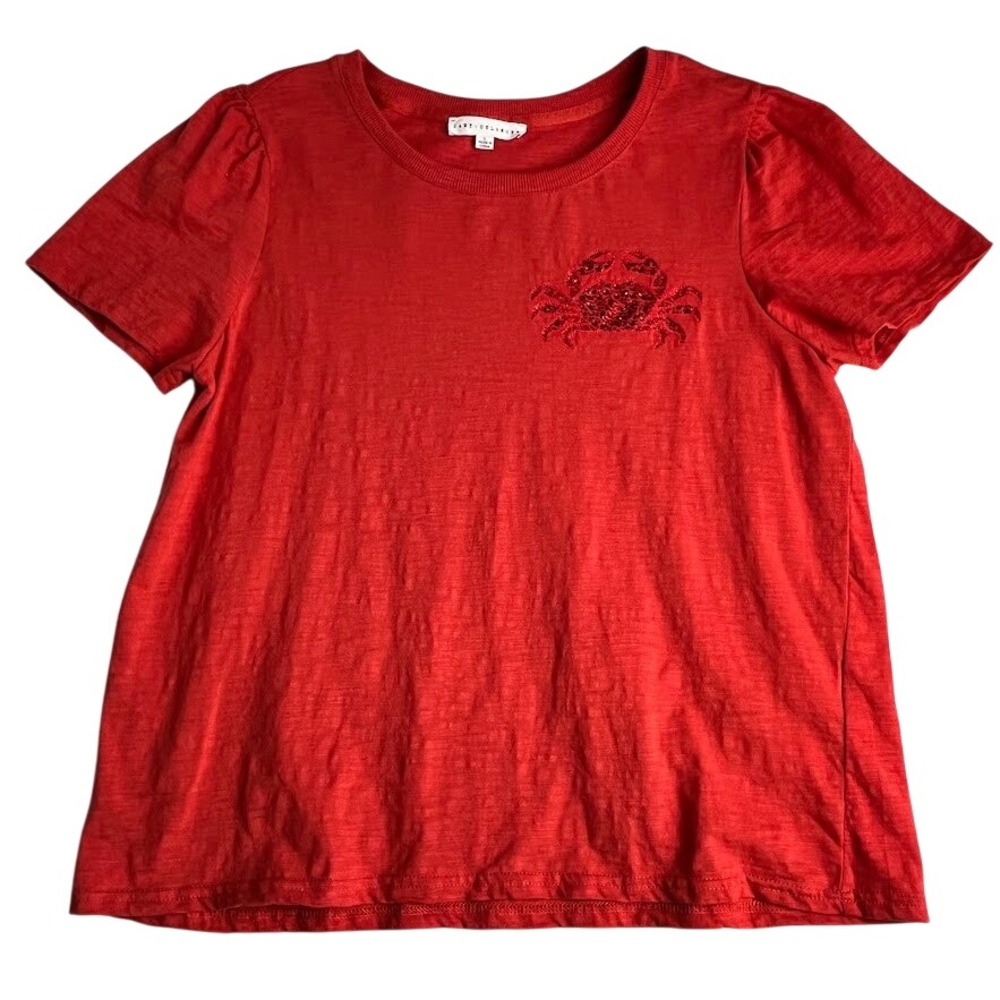 Jane + Delancey T-Shirt Women Large Red Excellent Beaded Crab Puff Sleeve Slub - Picture 1 of 8